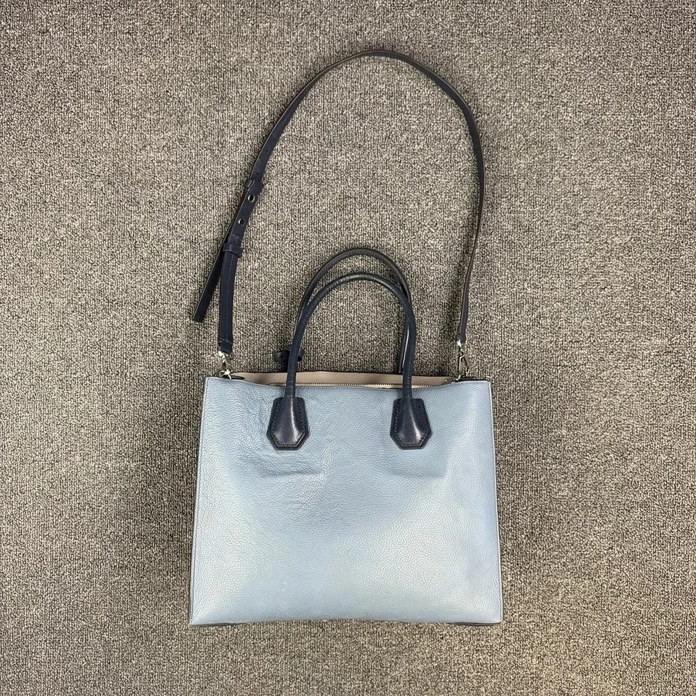 Michael Kors Mercer Medium Pebbled Leather Satchel Tote Bag Blue Purse Crossbody